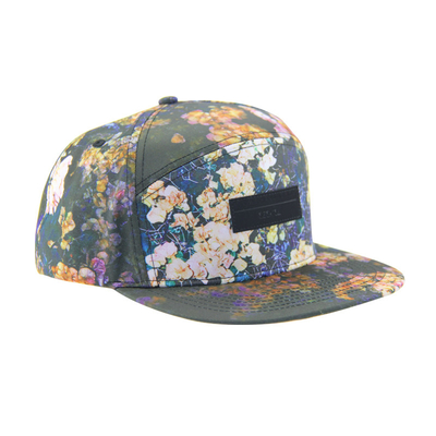 100% بوليستر 7 لوحة Snapback قبعة معسكر مخصصة مع شعار بقع جلدية على الجبهة